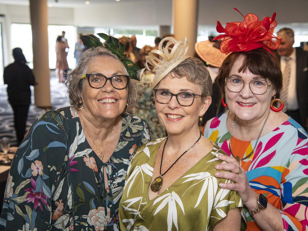 At the Melbourne Cup luncheon hosted by Rotary Club of Toowoomba City are (from left) Jan Romanowski, Judith Gibbins and Marcia Ruhle raising funds for Protea Place, Tuesday, November 1, 2022. Picture: Kevin Farmer