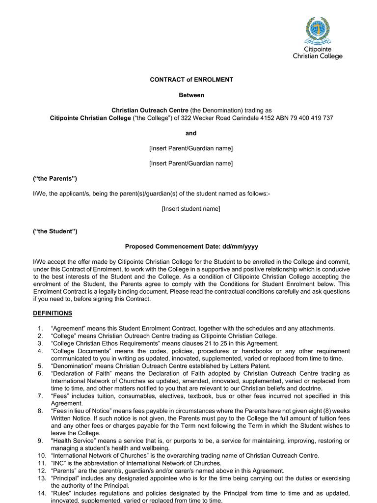 Citipointe Christian College’s enrolment contract.