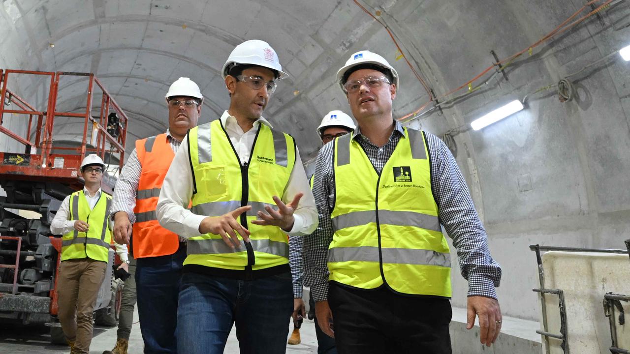 Premier David Crisafulli and Lord Mayor Adrian Schrinner in the Adelaide St tunnel in December. Picture: Lyndon Mechielsen/The Courier-Mail