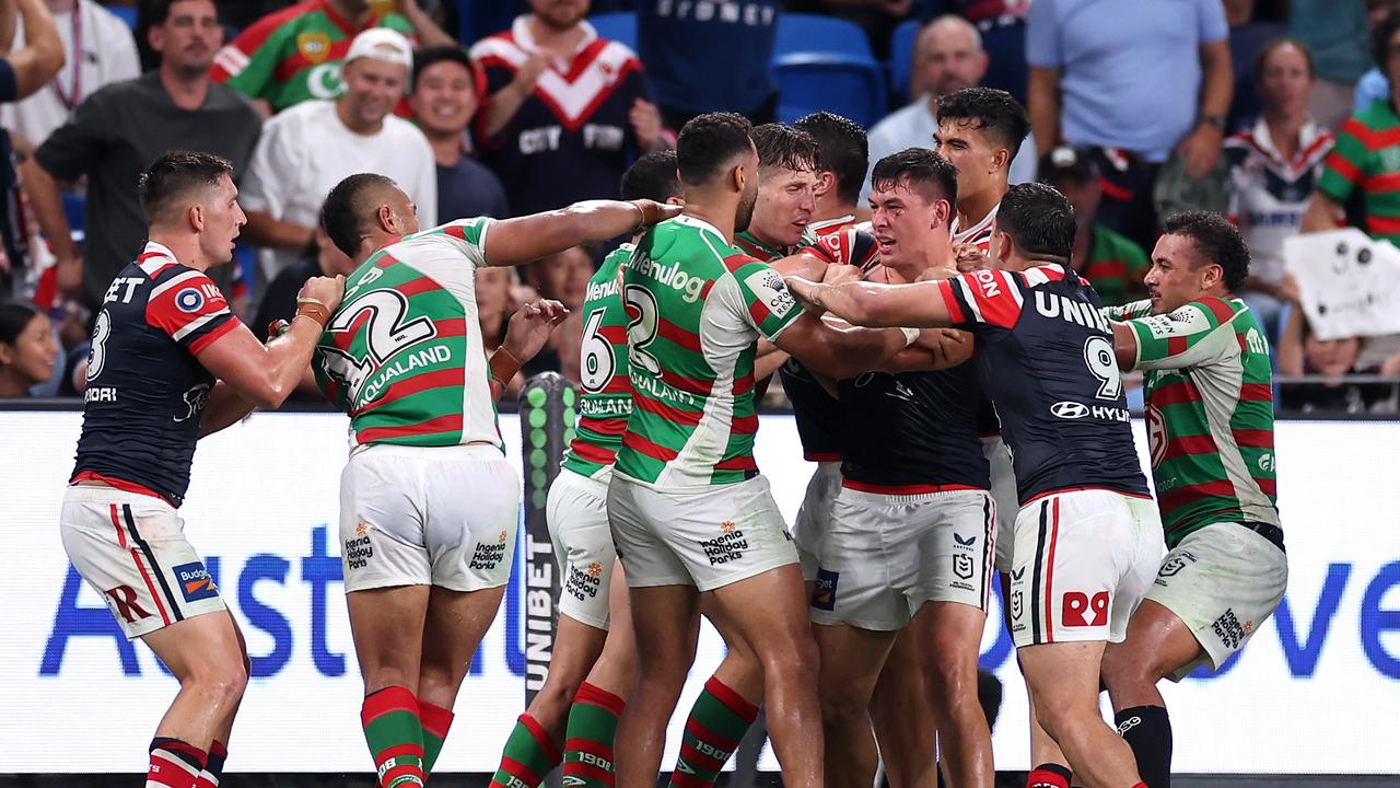 There just had to be some pushing and shoving. Photo by Mark Kolbe/Getty Images