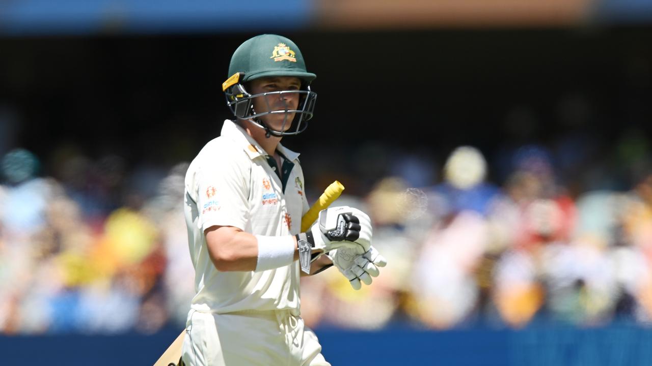 BRISBANE, AUSTRALIA - JANUARY 15: Marcus Harris of Australia leaves the field after being dismissed by Sharldul Thakur of India during day one of the 4th Test Match in the series between Australia and India at The Gabba on January 15, 2021 in Brisbane, Australia. (Photo by Bradley Kanaris/Getty Images)