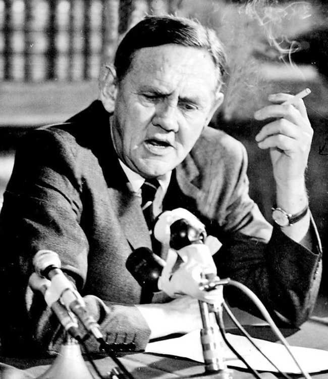 Australian prime minister John Gorton at a press conference at Parliament House, after his win in the federal election in October 1969.