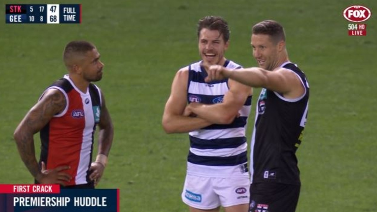 Isaa Smith, James Frawley and Bradley Hill have a post-game premiership reunion.