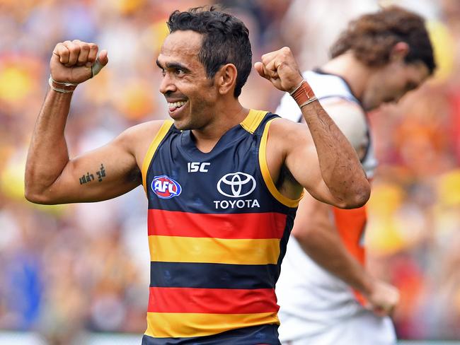 Crows star Eddie Betts celebrates Adelaide’s Round 1 win against GWS Giants.