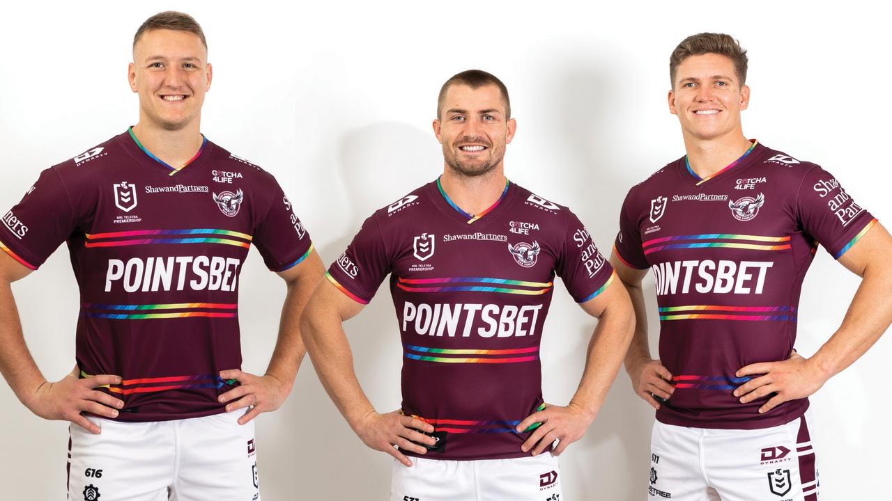 Manly's Sean Keppie, Kieran Foran and Reuben Garrick in the Sea Eagle's Pride jersey. Pic: Manly Digital