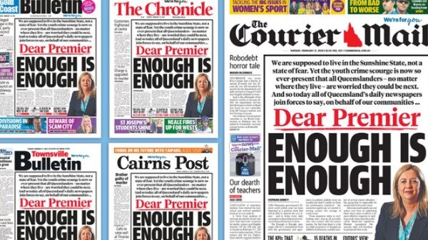 All of Queensland daily newspapers ran the same front page co-signed by all editors calling on Premier Annastacia Palaszczuk and her government to commit to measures to fix the states youth crime crisis.