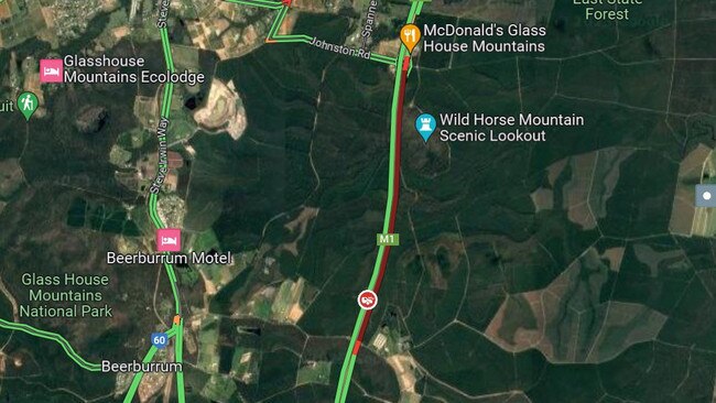 A crash between a motorcycle and a car blocked both southbound lanes of the Bruce Highway at Beerburrum causing traffic to quickly bank up. Picture: Google Maps