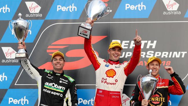 Scott McLaughlin (centre) celebrates winning back-to-back races at the Perth SuperSprint.