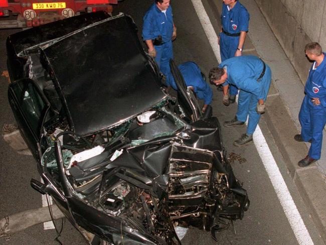 The Mercedes Benz in which Diana, Princess of Wales, Dodi Fayed and driver Henri Paul died after being pursued by the press. Picture: AP