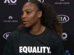 Serena Williams dons a T-shirt branded with ‘equality’ during her press conference.