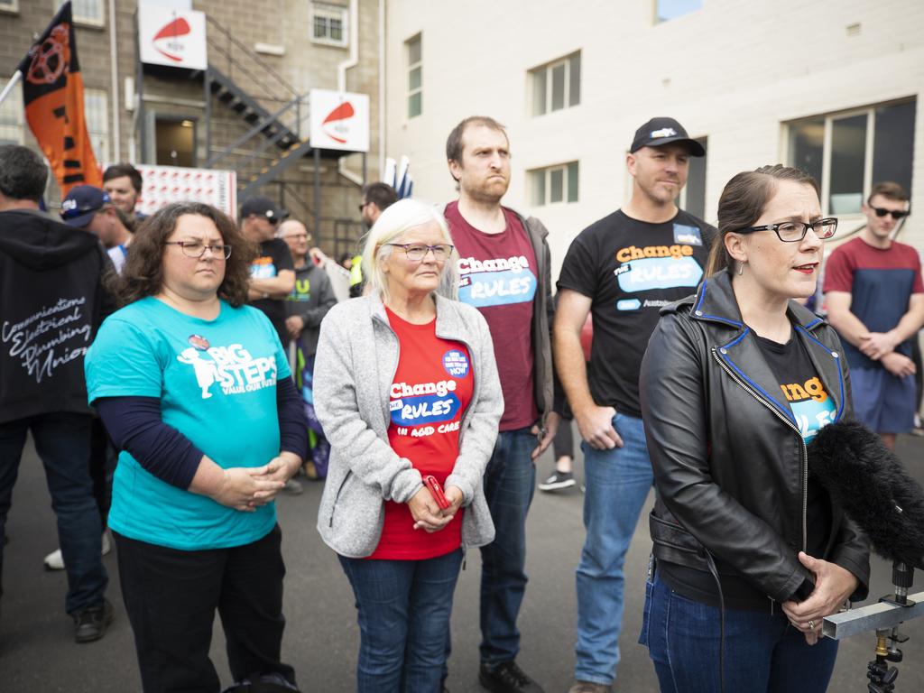 Jessica Munday, Secretary of Unions Tasmania speaks to the press before the annual May Day march in Hobart. Picture: RICHARD JUPE