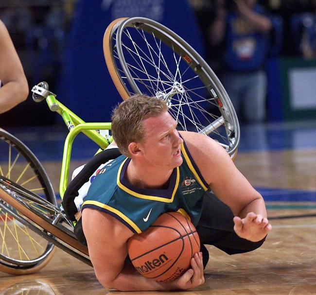 Sachs falling over in a Australia versus Japan game at the Paralympics in Sydney in 2000.