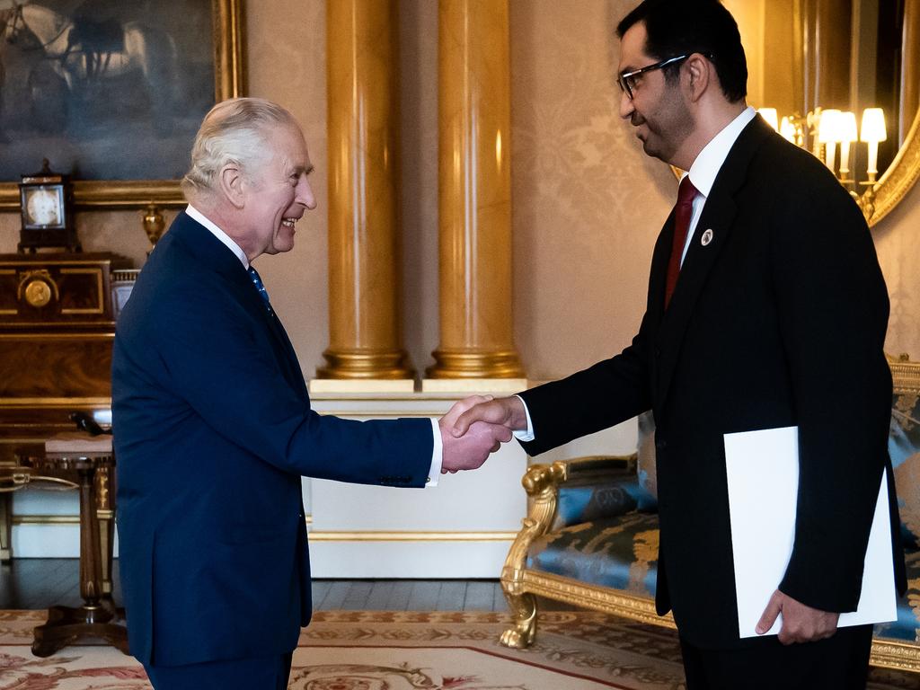 King Charles III receives COP28 President Dr Sultan Al Jaber at Buckingham Palace on February 16, 2023. Picture: Aaron Chown/Getty Images