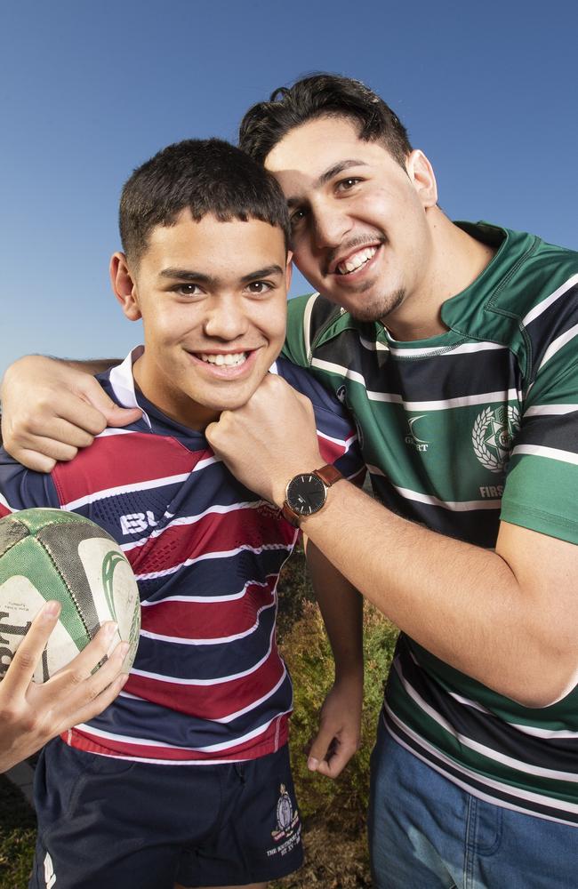 Kaleb Ngamanu will play for The Southport School's First XV against Brisbane Boys' College on Saturday in a potential rugby Premiership decider. His family's loyalties will be tested because Kaleb's two older brothers are school heroes at BBC as former rugby stars. Kaleb Ngamanu pictured with his brother Cullen (green). Picture: NIGEL HALLETT