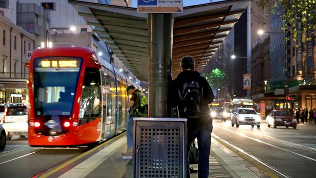 A tram heads through Adelaide’s CBD. Pic: Mike Burton