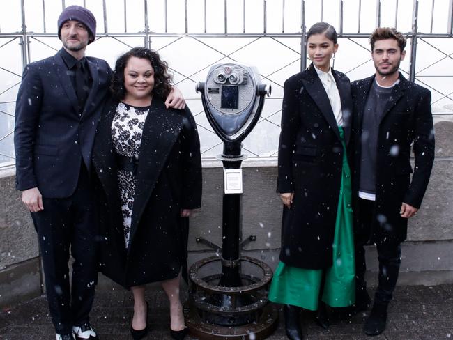 The Greatest Showman director Michael Gracey with stars Keala Settle, Zendaya and Zac Efron in New York this month. Picture: AFP