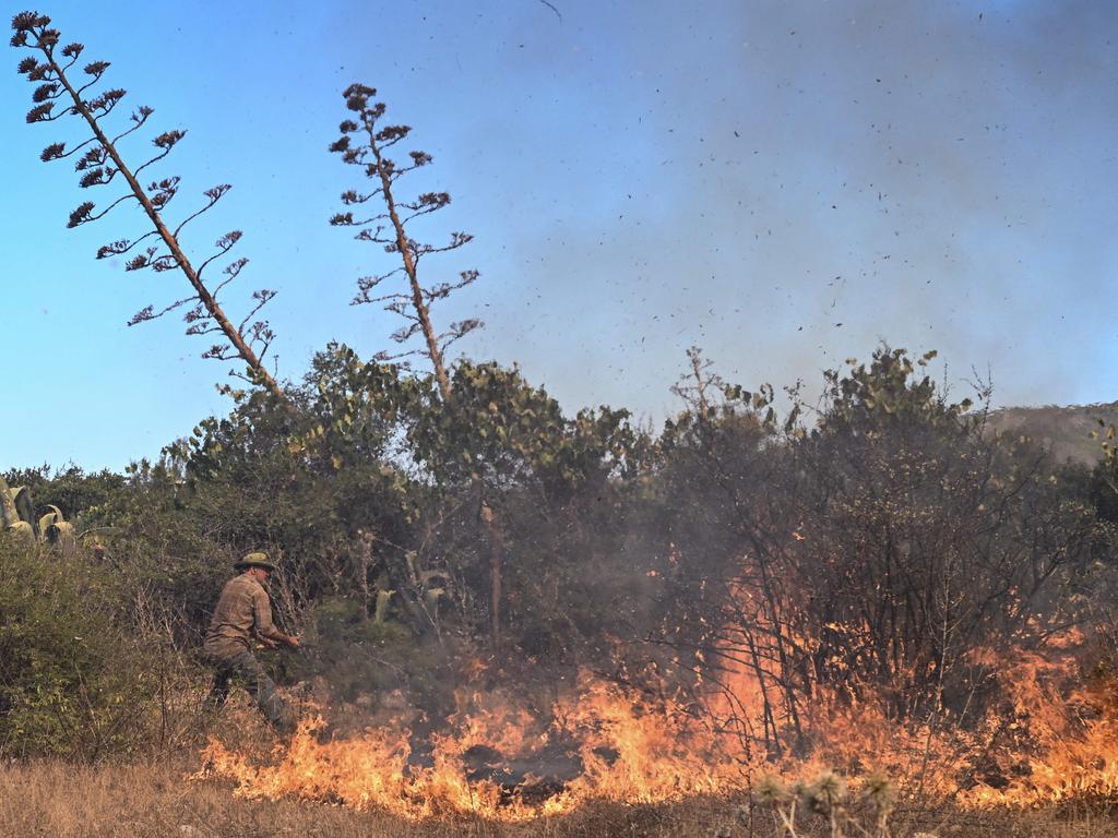 A local man uses a tree branch to beat down the flames as the prime minister warned the nation was "at war". Picture: AFP