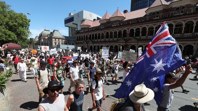 The Freedom Rally in the Brisbane CBD on Saturday. Picture: Annette Dew