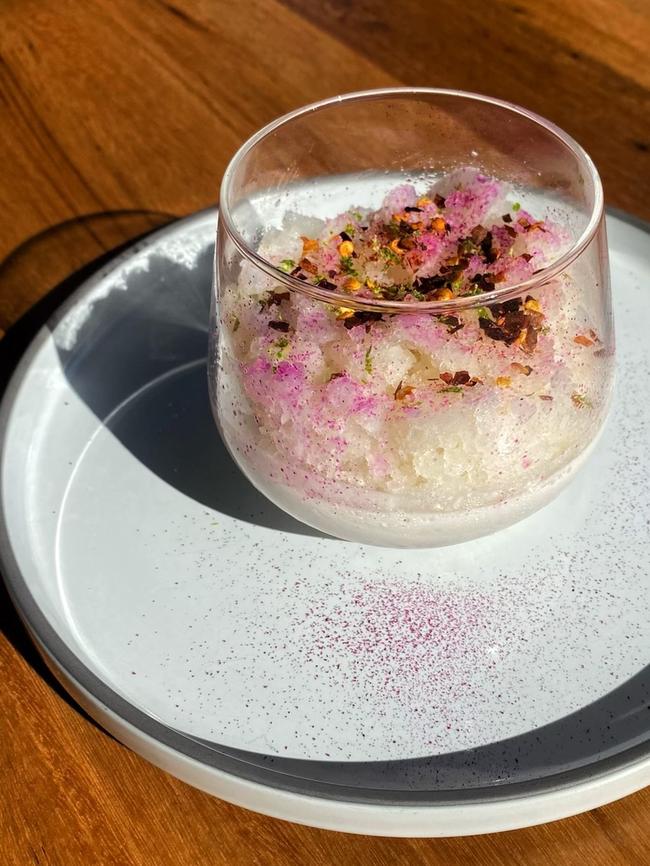 Coconut and lychee panna cotta, Blue Rose