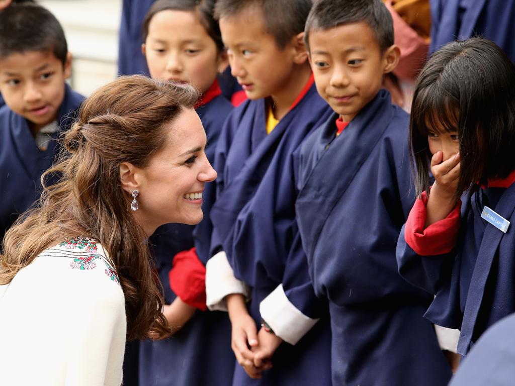 Catherine, Duchess of Cambridge meets children before a Bhutanese archery demonstration on the first day of a two day visit to Bhutan on the 14th April 2016 in Paro, Bhutan. Picture: Getty