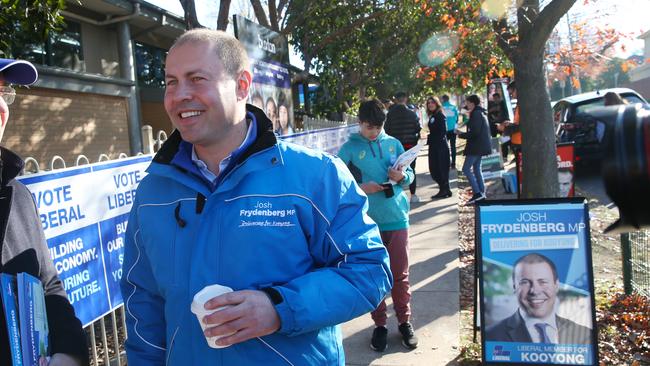 Treasurer Josh Frydenberg arrives to vote at a voting booth in Balwyn for the seat of Kooyong on election Day. Picture: AAP