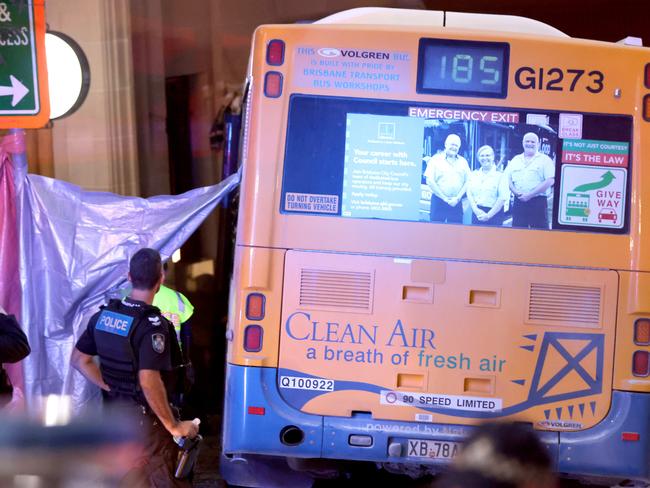 BRISBANE, AUSTRALIA - NewsWire Photos - 08 MARCH, 2024: Pictured is the scene where a Brisbane City Council bus has crashed into pedestrians, killing Tia Cameron. Police allege Lindsay Francis Selby, 70, was driving the bus along Edward Street when it left the road and struck Cameron, before crashing into the Anzac Square Arcade building. Picture: NewsWire / Steve Pohlner