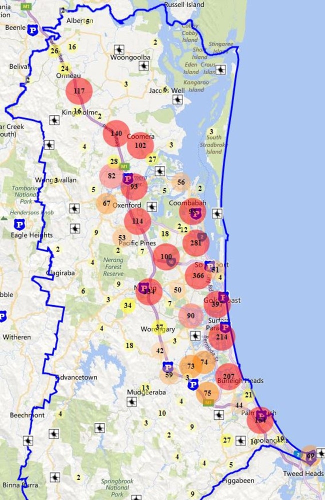 Queensland Police Service Crime Map displaying Unlawful Entry offences between 22/03/2017 and 22/03/2018.