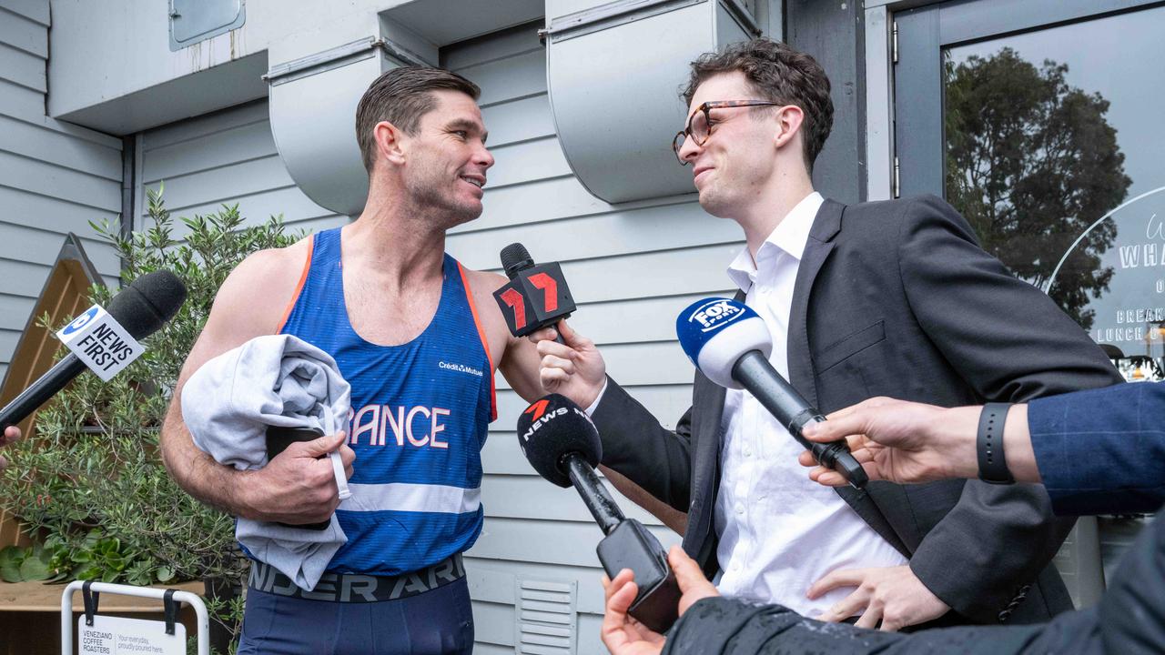 Tom Hawkins interviewed by Max Holmes dressed as 7News sports reporter Mitch Cleary at Wacky Wednesday celebrations. Picture: Brad Fleet