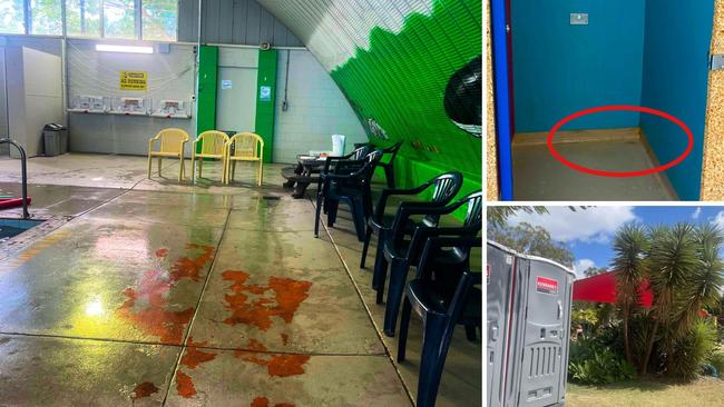 Slippery and slimy: clockwise from top: paint on the concrete floor inside the indoor pool area; mould grows on the floor of a shower; portable toilets in the garden. Pictures: Taken and contributed September 9, 2023.