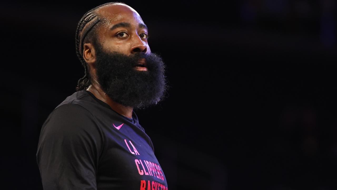 NEW YORK, NEW YORK - NOVEMBER 6: James Harden #1 of the LA Clippers looks on before the start of a game against the New York Knicks at Madison Square Garden on November 6, 2023 in New York City. NOTE TO USER: User expressly acknowledges and agrees that, by downloading and or using this photograph, User is consenting to the terms and conditions of the Getty Images License Agreement. (Photo by Rich Schultz/Getty Images)