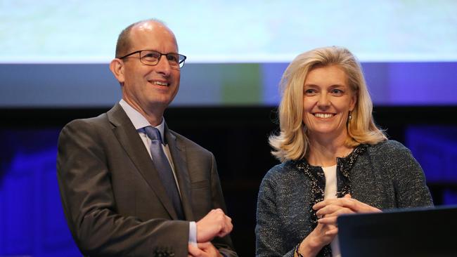 Former AMP CEO Craig Mellor with former chairman Catherine Brenner before their AGM in Sydney, last year. Picture: AAP/David Moir