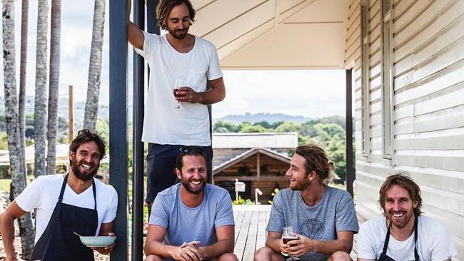 Three Blue ducks at The Farm, Byron Bay Mark La Brooy, Jeff bennett, Chris Sorrell (standing), Sam Reid and Darren Robertson at The Farm in Byron Bay where they train staff in CPR and first aid.