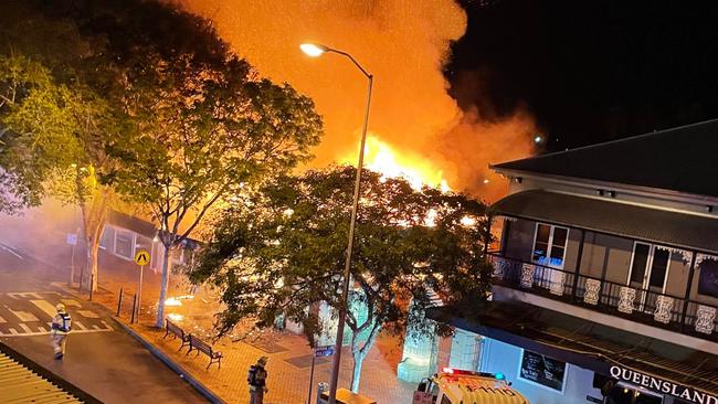 Two shops were destroyed in the blaze, which was found by police patrolling the area shortly after midnight Sunday, April 9, 2023.