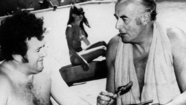 Mick Young, an ALP state secretary turned MP, and Prime Minister Gough Whitlam at poolside at "Iluka" at Surfers Paradise on the Gold Coast, working out campaign itinerary and policy speech details in 1973. Picture: News Limited.