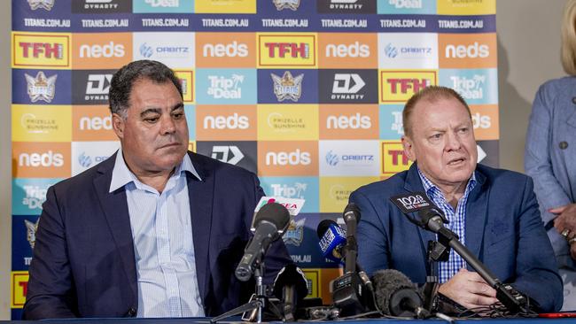 Gold Coast Titans chairman Dennis Watt (R) finally took the hint from Australian coach Mal Meninga. Picture: Jerad Williams