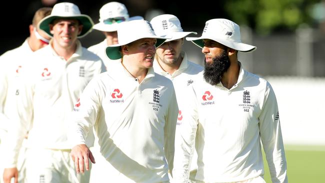 Gary Ballance and Moeen Ali lead England off the field after drawing tour match against Cricket Australia XI.