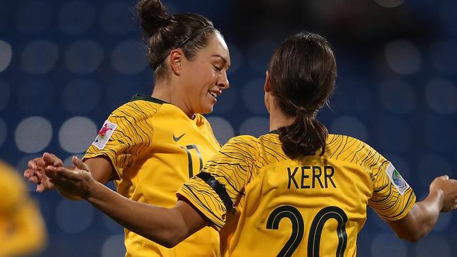 Kyah Simon, player of the match, celebrates with Sam Kerr. Pic: Francois Nel/Getty Images