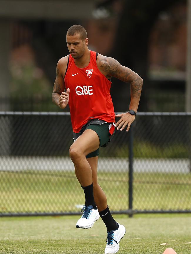 Lance Franklin at training last Wednesday before an injury setback on Friday. Picture: Ryan Pierse/Getty Images