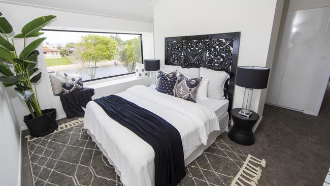 One of the bedrooms in the Broadbeach Waters home that House Rules winners Aaron and Daniella Winter have renovated. Picture: Nigel Hallett.