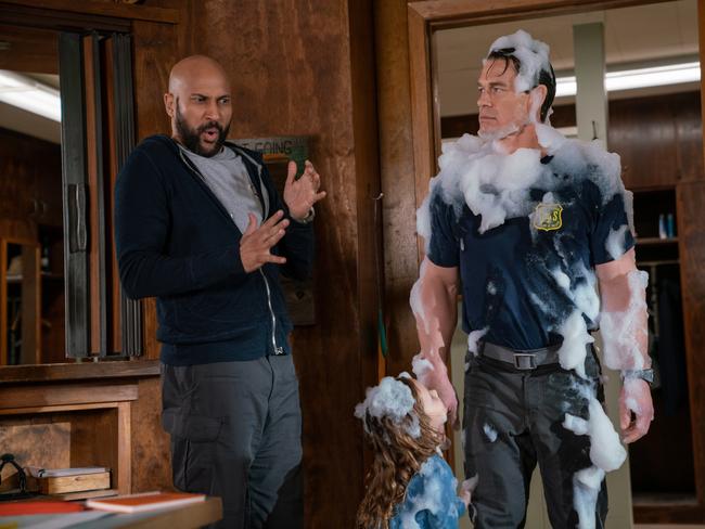 Keegan-Michael Key, Finley Rose Slater, and John Cena in a scene from the movie Playing With Fire. Picture: Paramount Pictures.