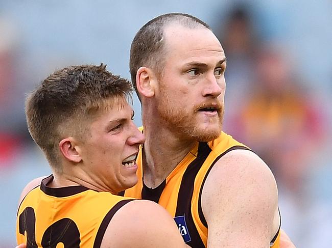 MELBOURNE, AUSTRALIA - MAY 04: Jarryd Roughead of the Hawks is congratulated by Dylan Moore after kicking a goal during the round seven AFL match between the Melbourne Demons and the Hawthorn Hawks at Melbourne Cricket Ground on May 04, 2019 in Melbourne, Australia. (Photo by Quinn Rooney/Getty Images)