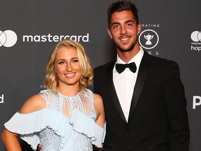 PERTH, AUSTRALIA - DECEMBER 31:  Daria Gavrilova and Thanasi Kokkinakis of Australia arrive at the 2018 Hopman Cup New Years Eve Ball at Crown Perth on December 31, 2017 in Perth, Australia.  (Photo by Paul Kane/Getty Images)