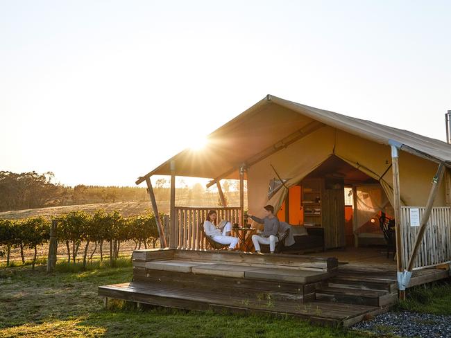 Couple enjoying a glamping experience at Nashdale Lane Wines, Nashdale.