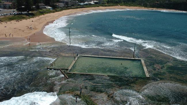 Aerial view of Mona Vale pool from the Surfwatch helicopter as it flys over Mona Vale Beach in Sydney.