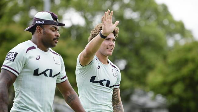 Reece Walsh waves to the crowd at the Brisbane Broncos Captain's Run and Toowoomba Fan Day at Toowoomba Sports Ground, Saturday, February 15, 2025. Picture: Kevin Farmer