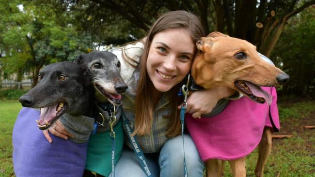 Shannon Pestana with her three adopted greyhounds April, Ava and Lady Grey. Picture: Supplied