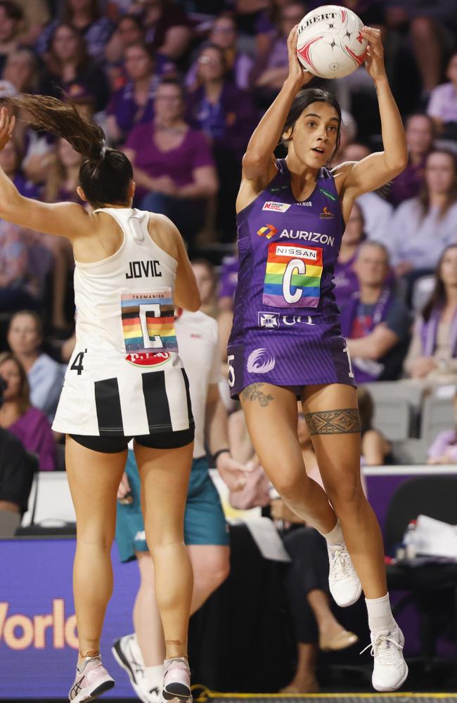 Hulita Veve of the Firebirds with the ball during the round eight Super Netball match between Queensland Firebirds and Collingwood Magpies. Picture: Getty Images