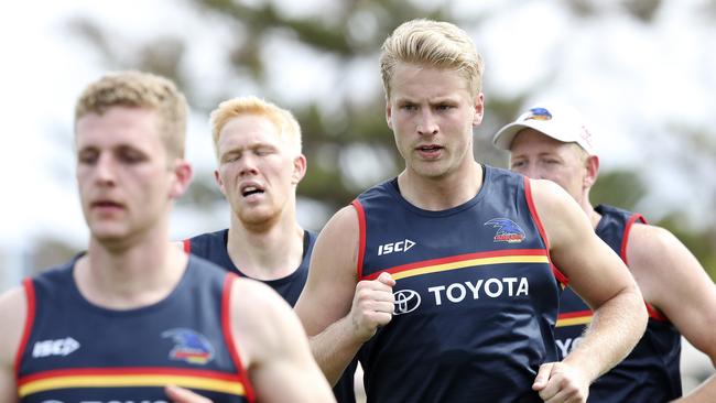 Billy Frampton, right, during his first session as a Crow. Picture: SARAH REED