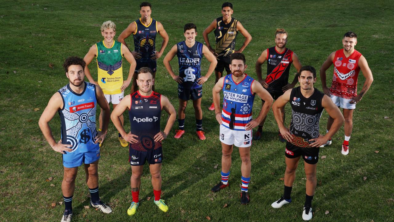 Preview picture of SANFL Indigenous Guernsey at Adelaide Oval, Monday, June 28, 2021. Front (L-R) Abaina Davis (Sturt), Matthew Nunn (Norwood), Nick Gillard (Central District), Joel Garner (Port Adelaide)Back (L-R) Connor McLeod (Woodville West Torrens), Ben Davis (Adelaide), Hayden Sampson (South Adelaide), Nasiah Wanganeen-Milera (Glenelg), Kenny Karpany (West Adelaide), Robbie Young (North Adelaide). Photo: David Mariuz.