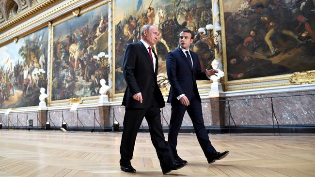 Macron with Russian President Vladimir Putin in the Galerie des Batailles (Gallery of Battles) at the Chateau de Versailles, May 29, 2017. Picture: Reuters/Stephane De Sakutin